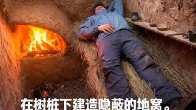 在树桩下建造隐蔽的地窝。温暖的秘密庇护所。