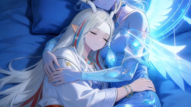 神凤女神亲密的抱着九色鹿，两人在床上睡去