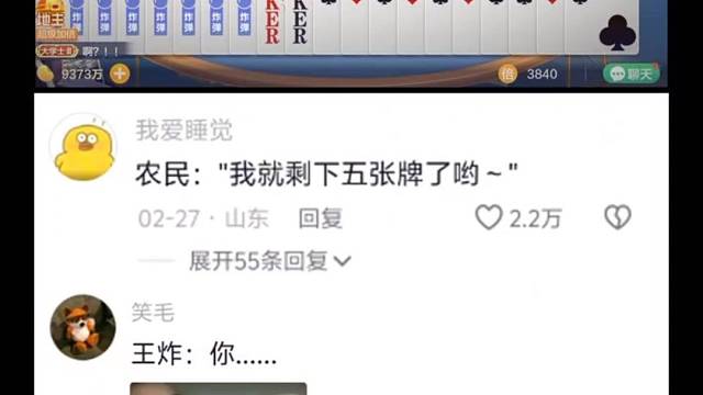 农民：现在就五张牌，正宗满配大炸弹 #棋牌